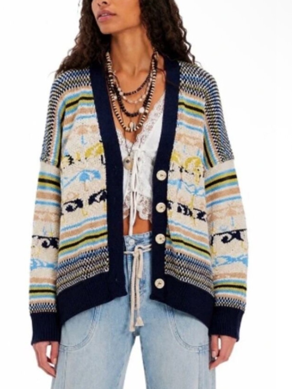 We The Free Umbrella Day Cardigan - Navy Multicolor-Size Medium-Oversized-NWT